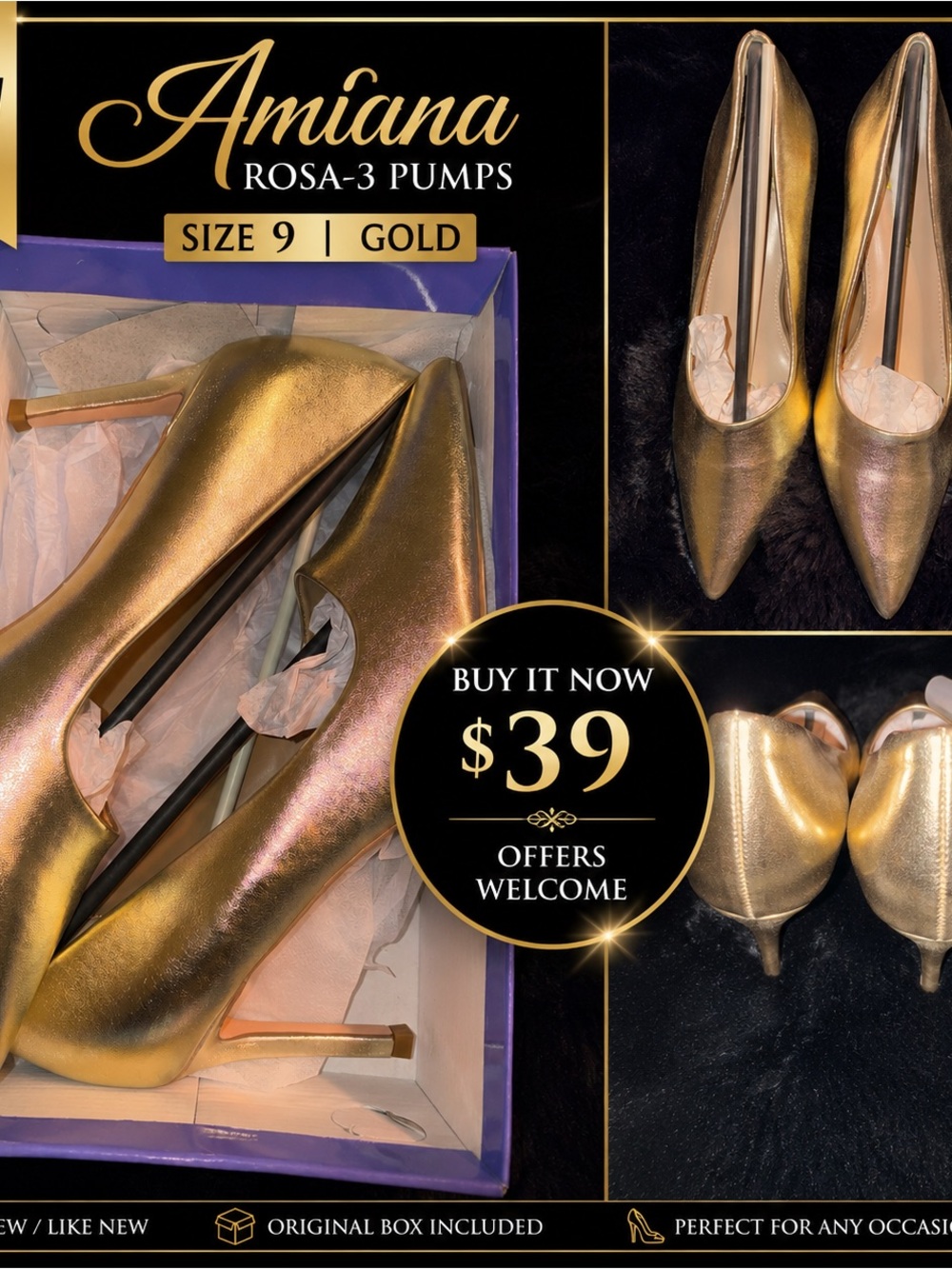 ✨ NWT Amiana ROSA-3 Gold Metallic Pointed Toe Pumps | Size 9